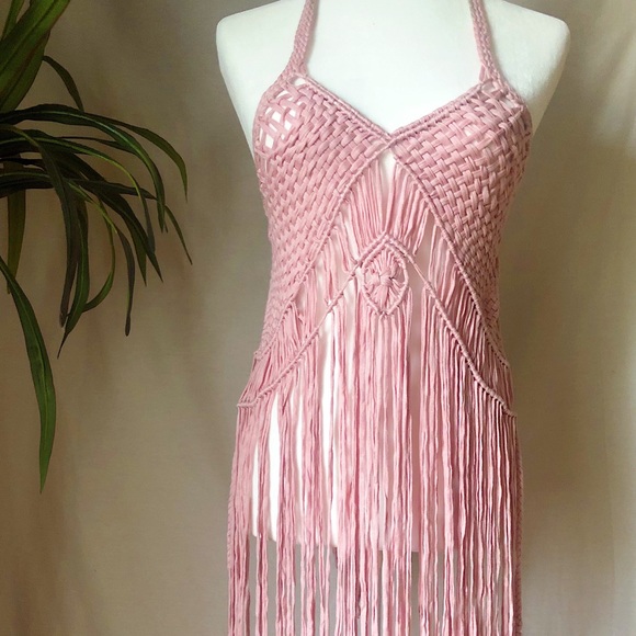 Tops - Pink Crotchet Fringe Festival Halter Top